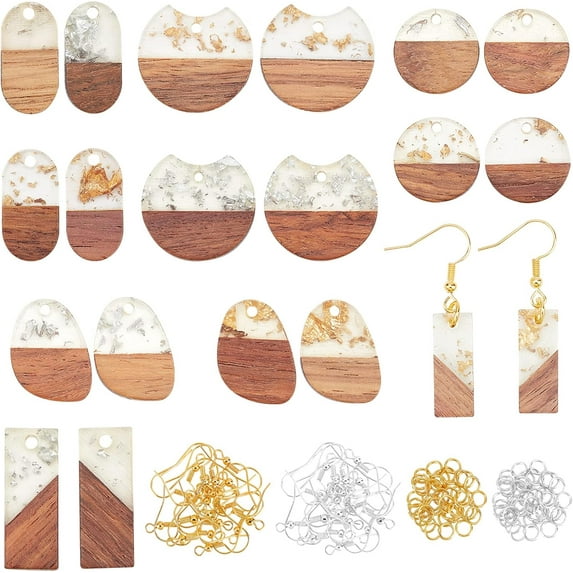 1 Box 100pcs Resin Wooden Earring Pendants Dangle Earring Making Kits Vintage Resin Wood Statement Earring Findings with Hooks and Jump Rings for Necklace and Earring Making