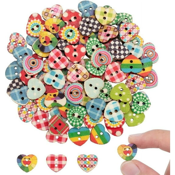 1 Box 100pcs Wooden Buttons 2 Holes Printed Heart Buttons for Sewing Fasteners Scrapbooking Crafts Crochet Manual Button Painting Handmade Ornament DIY Projects