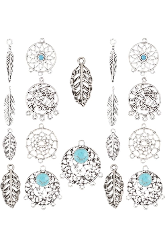 1 Box 104Pcs 8 Style Boho Style Feather Dream Catcher Charms Leaf Chandelier Components Links for DIY Christmas Turquoise Necklace Earring Jewelry Making Findings Silver