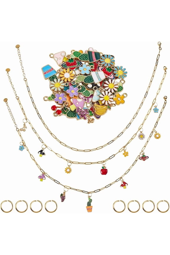 1 Box 104Pcs DIY Charm Necklace Kit Gold Necklace Charms Bulk Stainless Steel Assorted Cute Enamel Pendants Real 18K Gold Plated Jump Rings for Charm Necklaces Jewelry Making Colorful