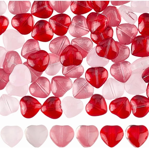 1 Box 105Pcs Red Heart Glass Beads with Holes Love Shape Rose Pink Transparent Loose Spacer Charm Bead Bulk for DIY handcrafting