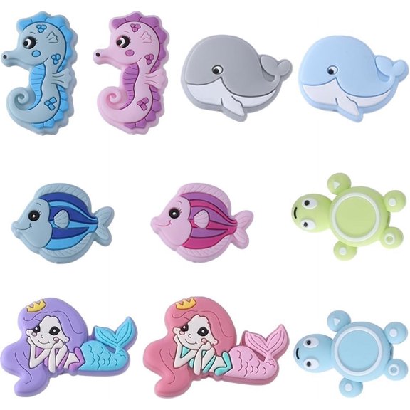 1 Box 10PCS Sea Animal Silicone Beads Focal Beads Cute Cartoon Animals Turtle Soft Rubber Loose Spacer Double Sided Bead Bulk