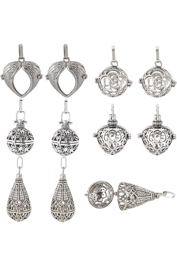 1 Box 10PCS Silver Cage Pendants Bulk Locket Charms Metal Brass Perfume Diffuser Hollow Chime Ball Heart Stone Holder Openable Charms for Jewelry Making Charms Women DIY Necklaces Crafts 1bag