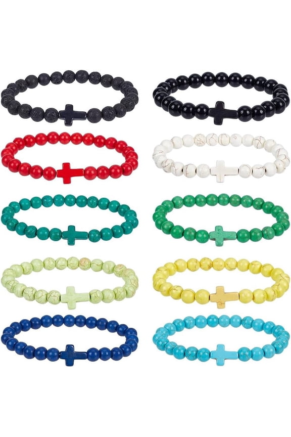 1 Box 10Pcs 10 Style Natural Lava Rock & Dyed Synthetic Turquoise Cross Beaded Stretch Bracelets Set Stackable Bracelets for Women Mixed Color Inner Diameter: 2-1/8 inch(5.5cm) 1Pc/style