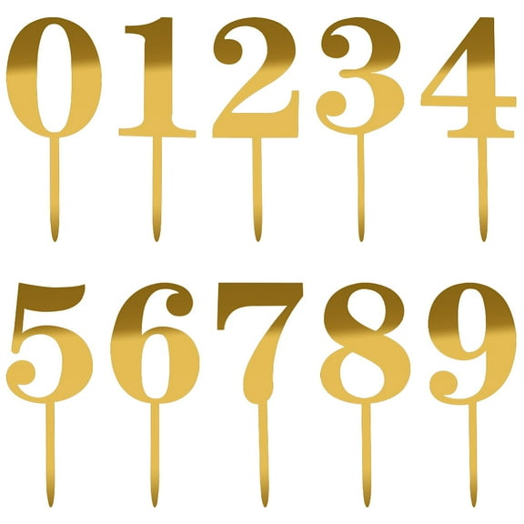 1 Box 10Pcs 10 Style Number Acrylic Mirror Effect Cake Toppers Cake Insert Cards for Cake Decoration Gold 146~162.5x50~61x1mm pin: 5x1mm 1pc/style