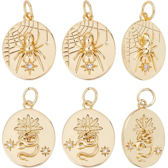 1 Box 10Pcs 2 Style Flat Round Charms 18K Gold Plated Brass Spider Snake Cubic Zirconia Pendants Charm with Jump Ring for Men Necklaces Jewelry Making for diy