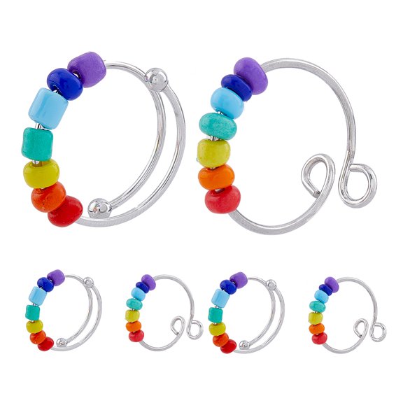 1 Box 10Pcs 2 Style Rainbow Color Glass Beaded Rotating Open Cuff Rings Set 201 Stainless Steel Wire Wrap Rings for Anxiety Stress Relief Stainless Steel Color US Size 8 3/4(18.7mm) 5Pcs/style