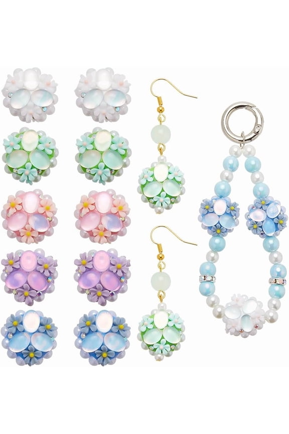 1 Box 10Pcs 5 Colors Flower Ball Beads Rhinestone Flower Focal Bead Cat Eye Spring Floral Beadable Pens Spacers for Keychain Making Pen Supplies DIY Craft Necklace Bracelet Jewelry Women Mixed Color