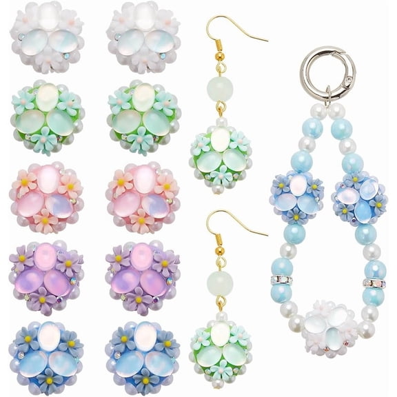 1 Box 10Pcs 5 Colors Flower Ball Beads Rhinestone Flower Focal Bead Cat Eye Spring Floral Beadable Pens Spacers for Keychain Making Pen Supplies DIY Craft Necklace Bracelet Jewelry Women Mixed Color