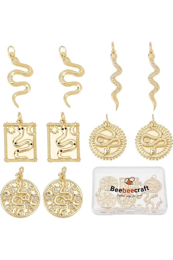 1 Box 10Pcs 5 Style Snake Charms Real 18K Gold Plated Snake Cubic Zirconia Animal Pendant Charms with Jump Ring for DIY Jewelry Making Clear