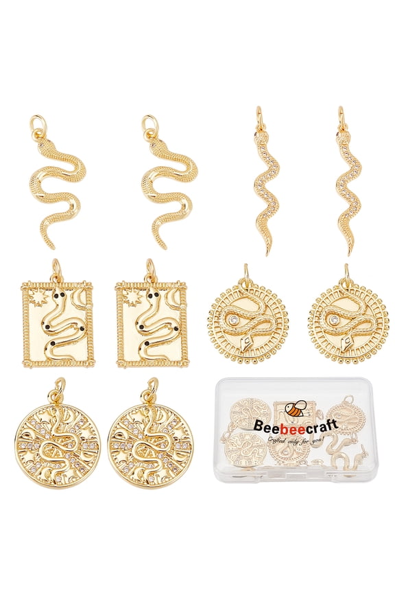 1 Box 10Pcs 5 Style Snake Charms Real 18K Gold Plated Snake Cubic Zirconia Animal Pendant Charms with Jump Ring for DIY Jewelry Making DIY