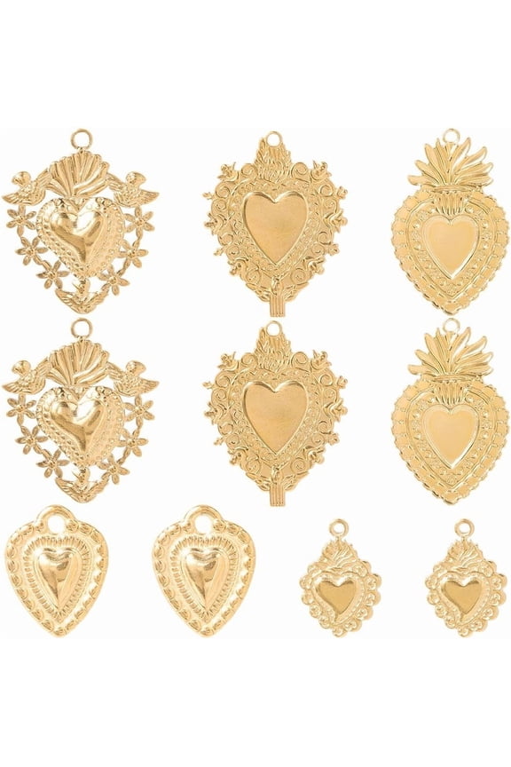 1 Box 10Pcs 5 Styles Real 18K Plated Sacred Heart Charms Goth Love Charms Bulk Valentine Mexican Stainless Steel Pendants for Jewelry Making Supplies DIY Craft Necklace Bracelet Women for diy making