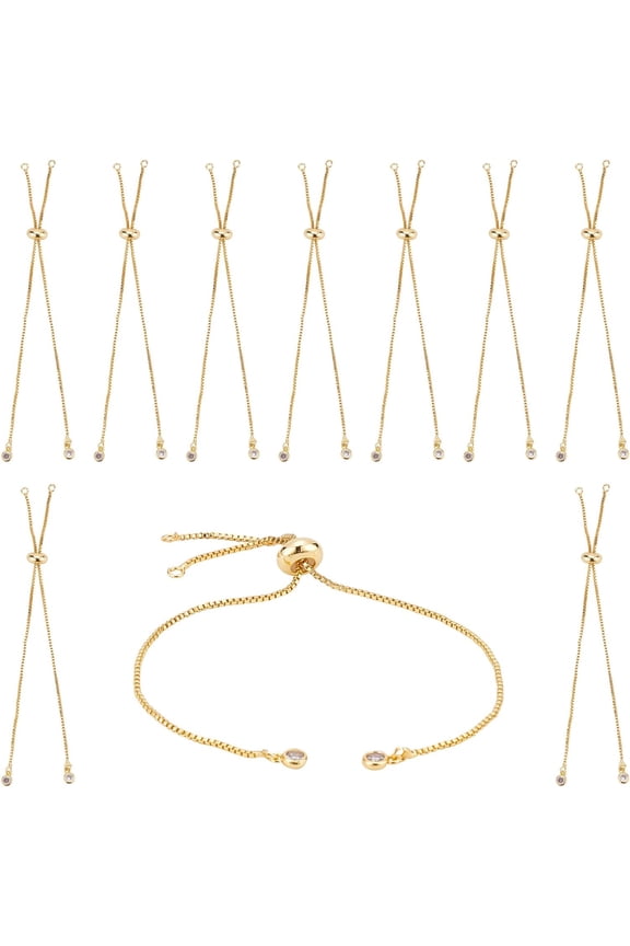 1 Box 10Pcs Brass Slider Chain 9" Adjustable Slider Chain Bracelet Round Box Chain Slider Extender Chains with Rhinestone Ball Ends for Women