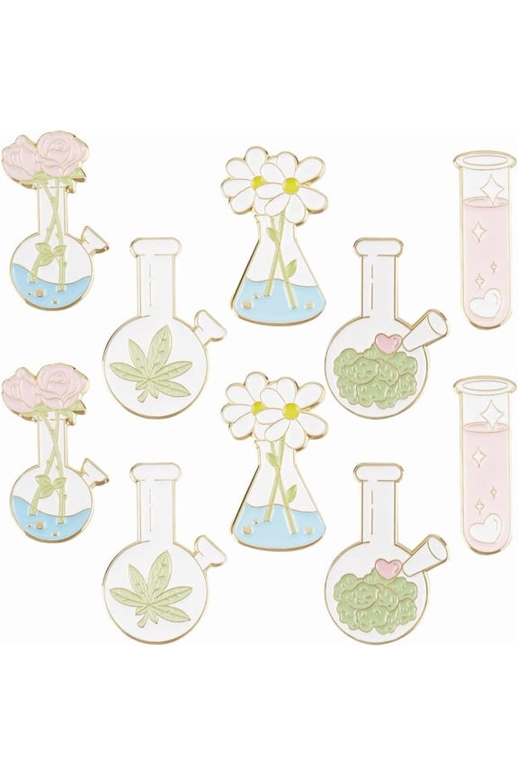 1 Box 10Pcs Chemistry Brooch Enamel Flask Test Tube Backpack Pins with Flower Love Leaf for Pattern Clothes Caps Bags Jackets Lapel Scientist Colorful