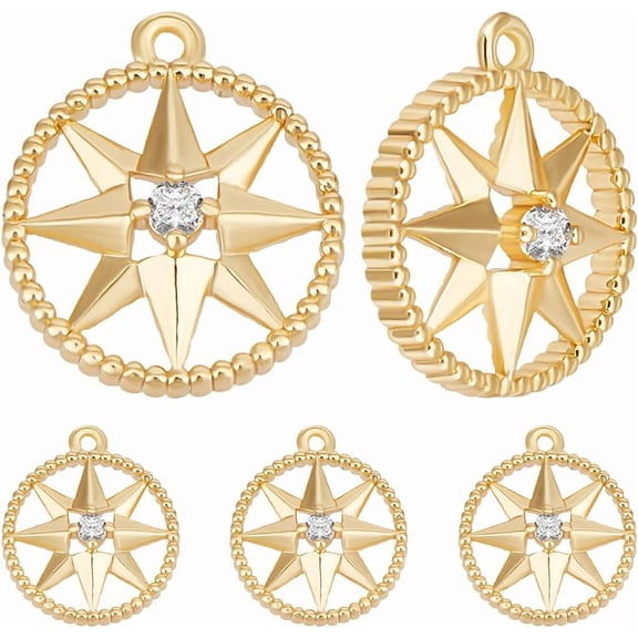 1 Box 10Pcs Compass Charm 18K Gold Plated Brass Flat Round Cubic Zirconia Star Charm