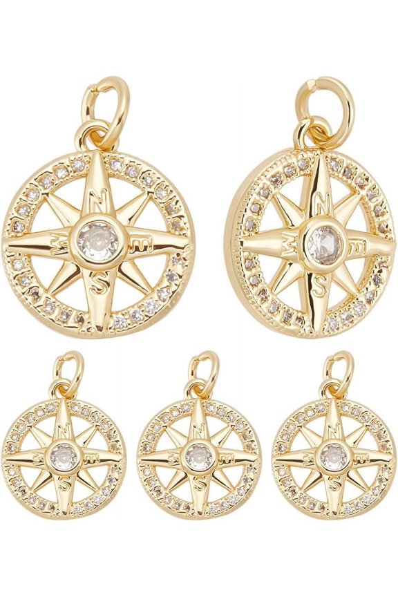 1 Box 10Pcs Compass Charms Micro Pave Cubic Zirconia Stone Golden Flat Round Pendants 13x16x3mm