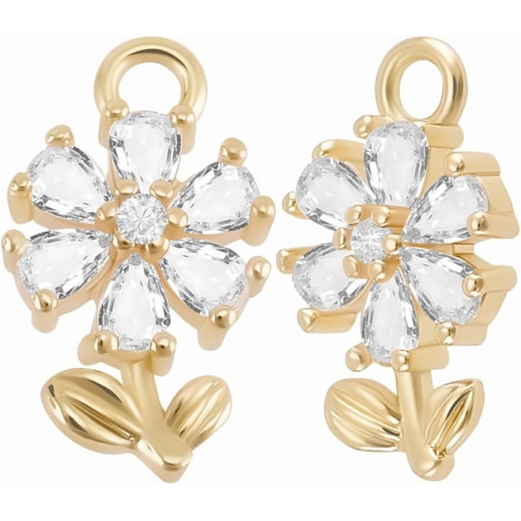 1 Box 10Pcs Cubic Zirconia Flower Charms 14K Gold Plated Brass Sunflower Floral Charms