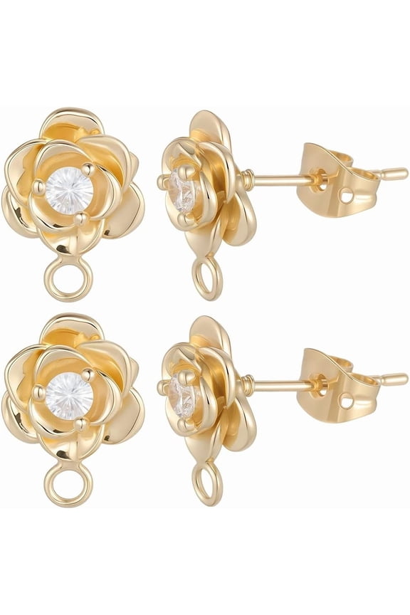 1 Box 10Pcs Cubic Zirconia Stud Earrings Findings Flower Stud Earring with Loop Brass Rose Floral Pattern Golden Ear Components Posts for Jewelry Making DIY Handmade Craft Supplies Gifts Clear