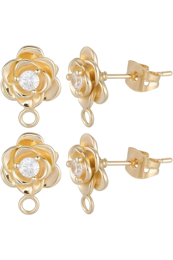 1 Box 10Pcs Cubic Zirconia Stud Earrings Findings Flower Stud Earring with Loop Brass Rose Floral Pattern Golden Ear Components Posts for Jewelry Making DIY Handmade Craft Supplies Gifts