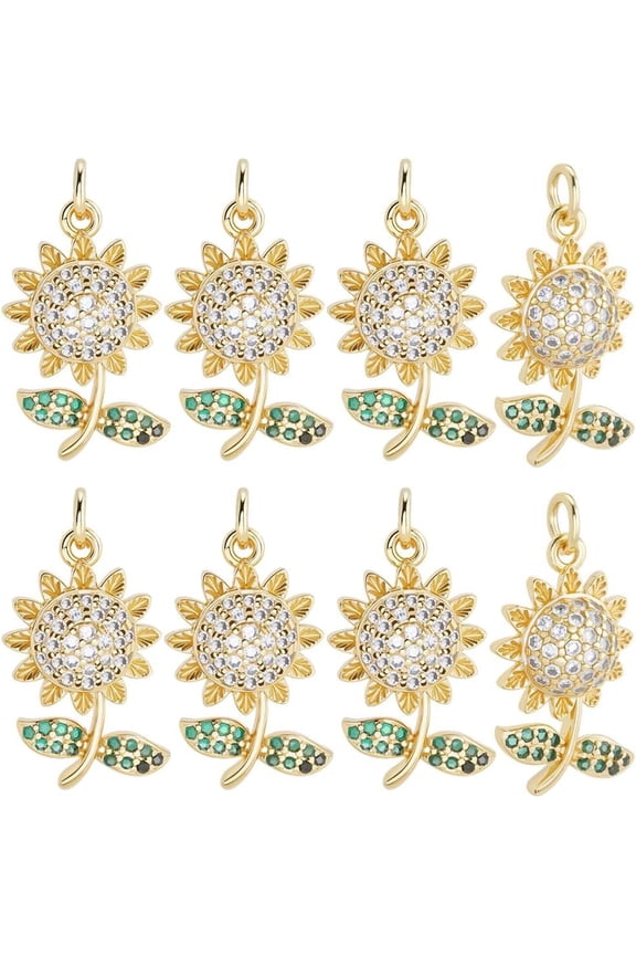 1 Box 10Pcs Cubic Zirconia Sunflower Charm 18K Gold Plated Brass Sunshine Charm with Jump Ring for Bracelet and Necklace DIY Jewelry Gifts Clear