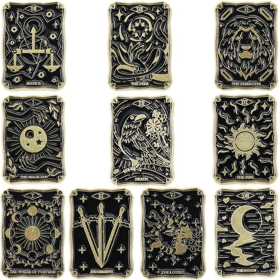 1 Box 10Pcs Cute Enamel Pin Set Tarot Card Pins Bulk Black Divination Themes Lapel Pins Alloy Mystical Pattern Magic Brooches Accessory for Women Men Backpacks Clothes Jackets Hats Bags Gift for DIY