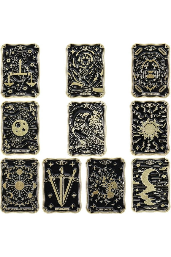 1 Box 10Pcs Cute Enamel Pin Set Tarot Card Pins Bulk Black Divination Themes Lapel Pins Alloy Mystical Pattern Magic Brooches Accessory for Women Men Backpacks Clothes Jackets Hats Bags Gift