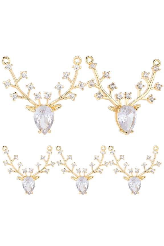 1 Box 10Pcs Deer Charms 18K Gold Plated Cubic Zirconia Reindeer Antler Christmas Theme Charm with 2 Hole Connector Links