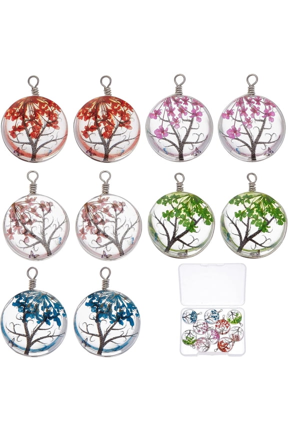 1 Box 10Pcs Dried Flower Pendants Natural Dried Flowers Resin Charms Lacework Transparent Tree Resin Beads Plant Pressed Flower Round Wrapped Tree of Life Charm for DIY Jewelry Making Charms