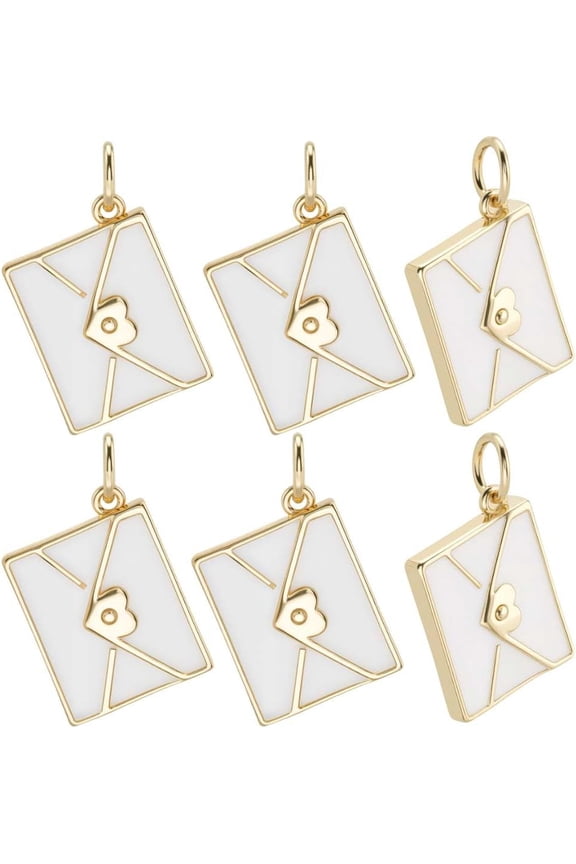 1 Box 10Pcs Envelope Charms 18K Gold Plated Enamel White Heart Love Letter Envelope Charm Dangle for Jewelry Making DIY Crafts Necklace Bracelet White