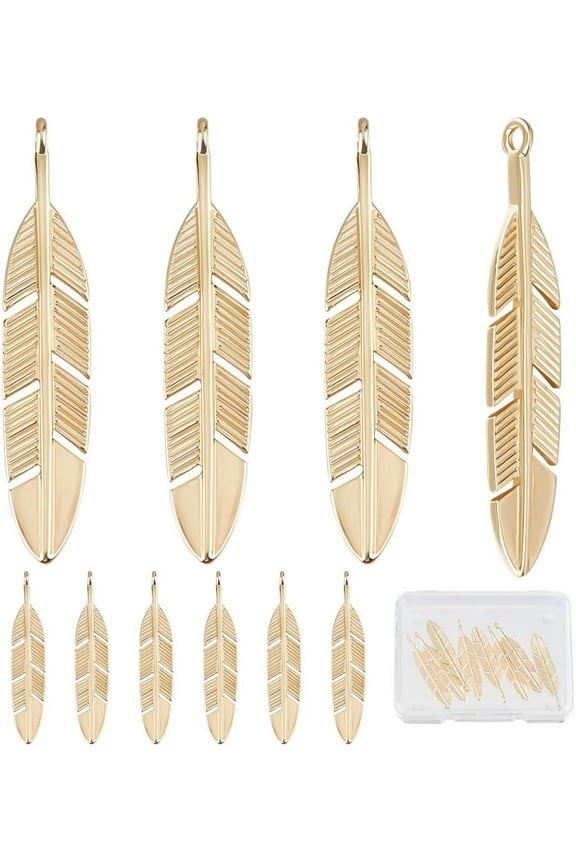 1 Box 10Pcs Feather Charms 18K Gold Plated Plumage Pinion Wing Feather Pendants Charms for DIY Earrings Key Chain Bracelet Necklace Jewelry Making Findings Black
