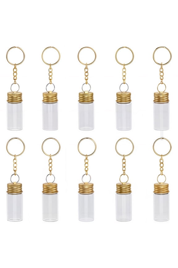 1 Box 10Pcs Glass Bottle Keychains Mini Bottles Keychain Bulk Wishing Empty Jars with Cork Lids and Golden Iron Clasps Alloy Key Ring Chains