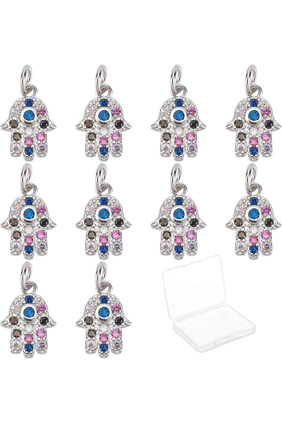 1 Box 10Pcs Hamsa Hand Charm Brass Hand Charm Micro Pave Cubic Zirconia Charms Bulk Silver Pendants for Jewelry Making Charms DIY Necklace Bracelet Earring Crafting Supplies Colorful