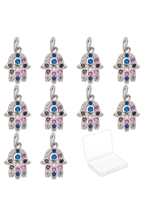 1 Box 10Pcs Hamsa Hand Charm Brass Hand Charm Micro Pave Cubic Zirconia Charms Bulk Silver Pendants