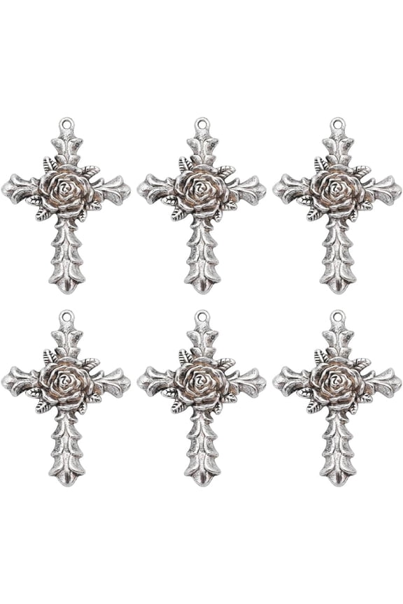 10Pcs Large Cross Charm Pendants Easter Holiday Big Rhinestone Crosses Rose Cross Charms Baroque Style Cross Charm Rosary Alloy Center Crosses Dangle Charm