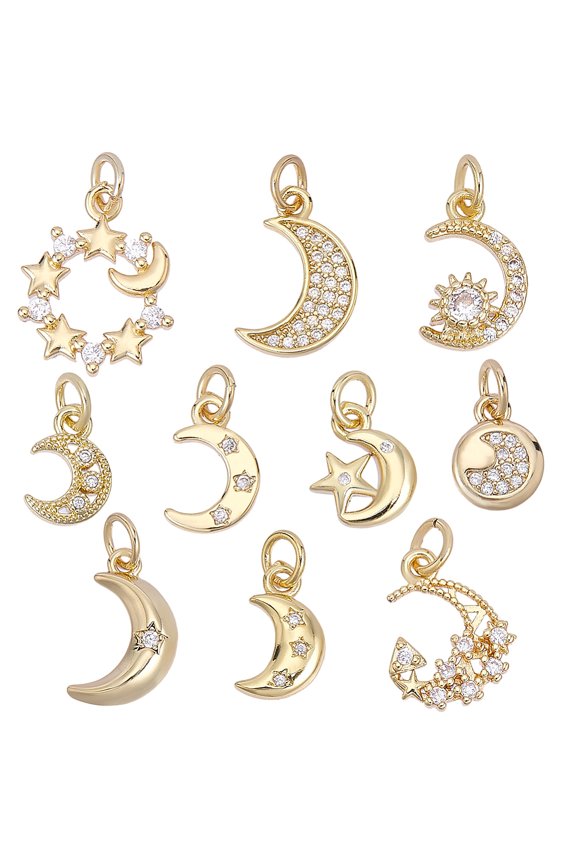 1 Box 10Pcs Real 18K Gold Plated Brass Celestial Charm Moon Charms Bulk Rhinestone Cubic Zirconia Crescent Moon Star Pendants