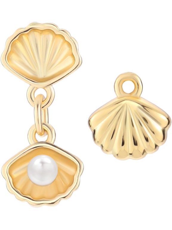 1 Box 10Pcs Real 18K Gold Plated Seashell Charms Open Shell Pendant Charm with Round Plastic Imitation Pearls Ocean Animal for Jewelry Making Necklaces Supplies DIY Craft