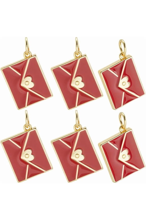 1 Box 10Pcs Red Enamel Envelope Charm 18K Gold Plated Brass Cute Love Letter Heart Charms