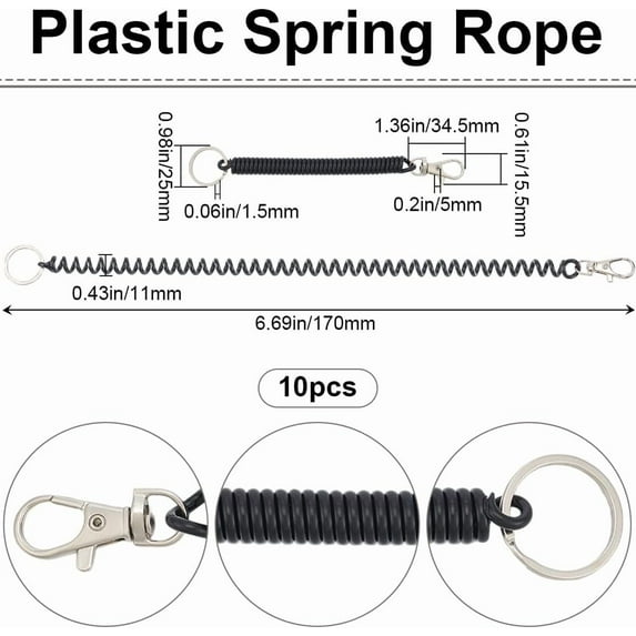 1 Box 10Pcs Retractable Coil Lanyard Plastic Coil Spring Lanyard Black Elastic Wrist Keychain Holder Lanyards Tether Cell Phone Strap Rope for Wallet Bags Keys Phone Outdoor Protection