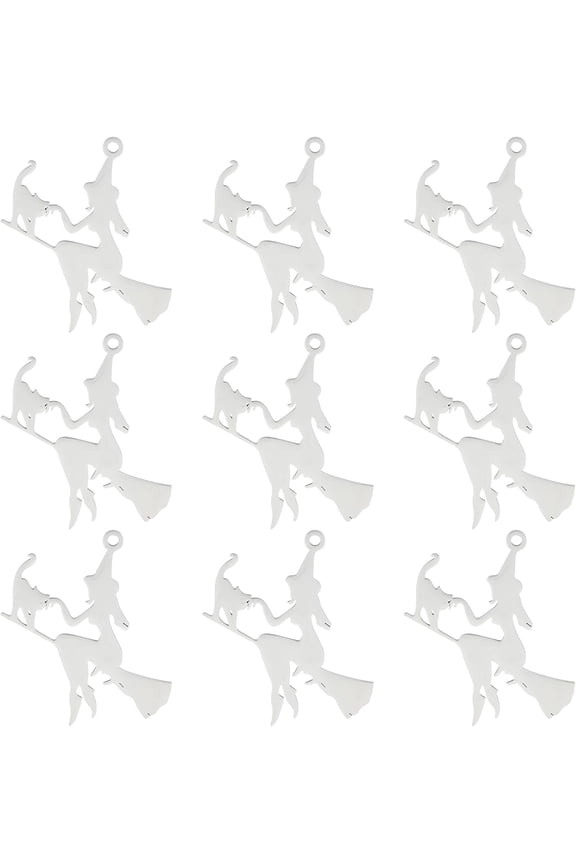 1 Box 10Pcs Stainless Steel Halloween Charms Witch Charm Wizard Hat Charms Laser Cut Magic Fairy Flying Broom Charm Broomstick Cat Charms DIY