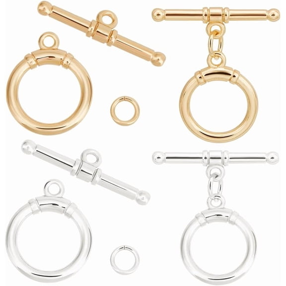 1 Box 10Pcs Toggle Clasps T-Bar Closure Clasps Real 18K Gold and 925 Sterling Plated Silver OT Buckle with Jump Rings for Necklace Bracelet Jewelry Making Golden & Silver