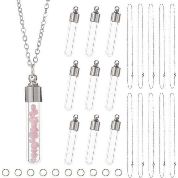 1 Box 10Pcs Vial Necklace Bulk Wish Bottle Necklace Making Kit Glass Bottle Charms Screw Cap Empty Clear Vials for Jewelry Making DIY Memorial Keepsake Ashes Holder DIY