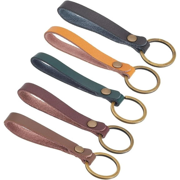 1 Box 10pcs 5 Colors Cowhide Keychains Leather Keyrings Dark Red Bronze Lanyard Keys Chain Blank Tags Strap Hook Bulk