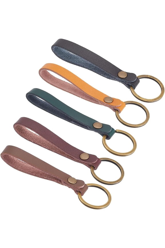 1 Box 10pcs 5 Colors Cowhide Keychains Leather Keyrings Dark Red Bronze Lanyard Keys Chain Blank Tags Strap Hook Bulk