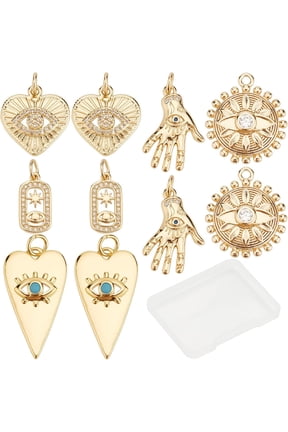 1 Box 10pcs 5 Style 18K Gold Plated Brass Charms - Hamsa Hand Heart Flower Charms for Jewelry Making - Earring Necklace Bracelet Supplies