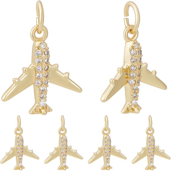 1 Box 10pcs Airplane Charms 18K Gold Plated Cubic Zirconia Plane Airplanes Flight Aircraft Airline Transport Pendants Charm with Jump Rings for Jewelry Necklace Bracelet Making diy