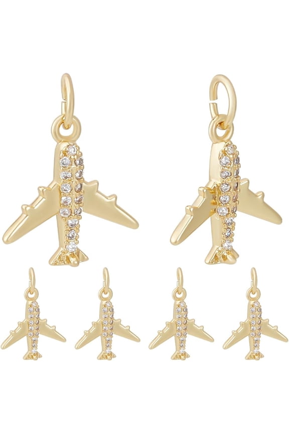 1 Box 10pcs Airplane Charms 18K Gold Plated Cubic Zirconia Plane Airplanes Flight Aircraft Airline Transport Pendants Charm with Jump Rings for Jewelry Necklace Bracelet Making Clear 1box
