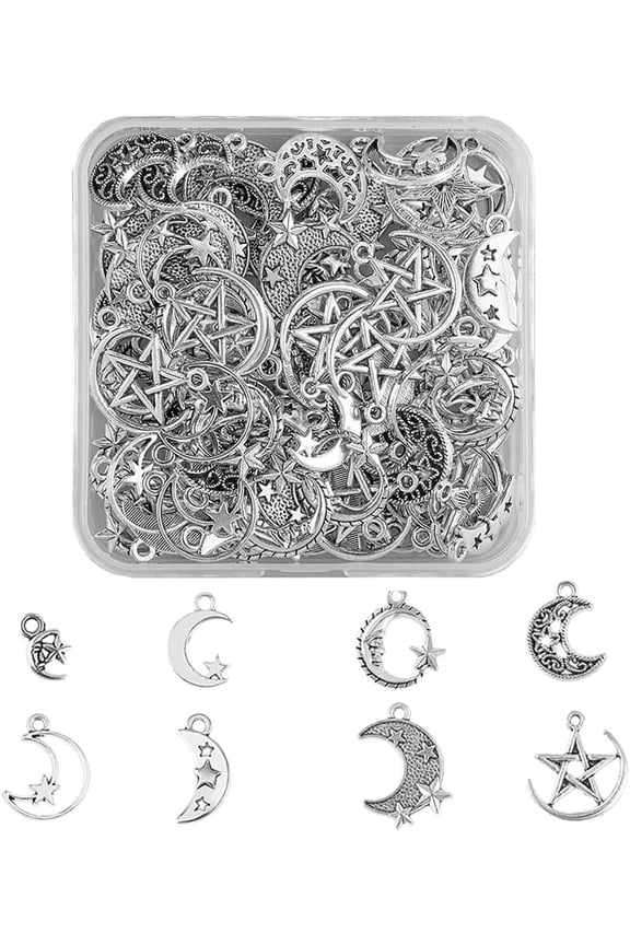 1 Box 112Pcs 8 Styles Star Moon Pendants Tibetan Style Alloy Charm Pendant Antique Silver Celestial Dangle Beads Charms Hollow Moon with Star Charms for DIY Jewelry Making Hole: 1.4~2mm
