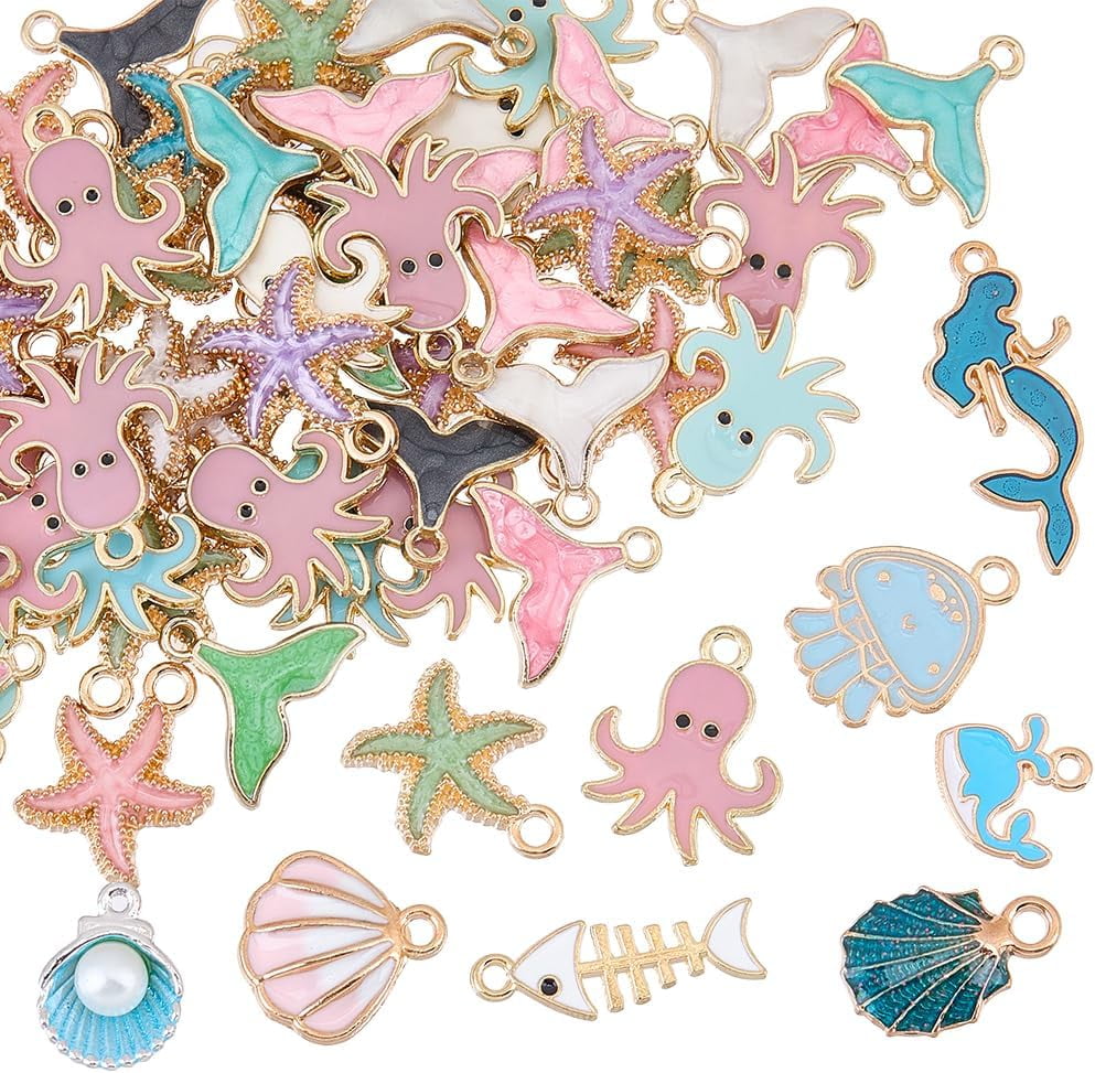 UNICRAFTALE 1 Box 116Pcs 13 Styles Enamel Sea Charms Ocean Theme Charm Bulk Metal Gold Alloy Summer Beach Shell Starfish Dolphin Fish Mermaid Charm for Jewelry Making Charms Bracelet DIY Craft Supplies