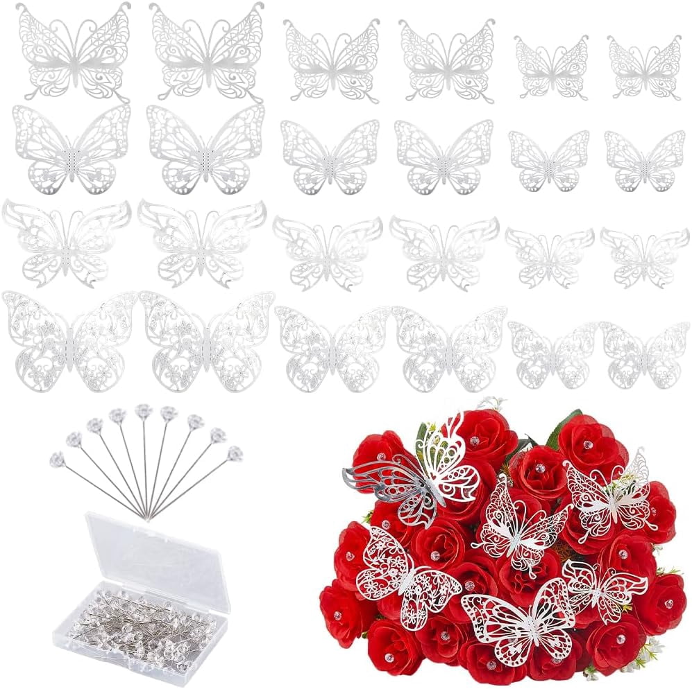 1 Box 116Pcs 4 Styles Butterfly Wall Stickers 3 Sizes Silver Butterfly ...