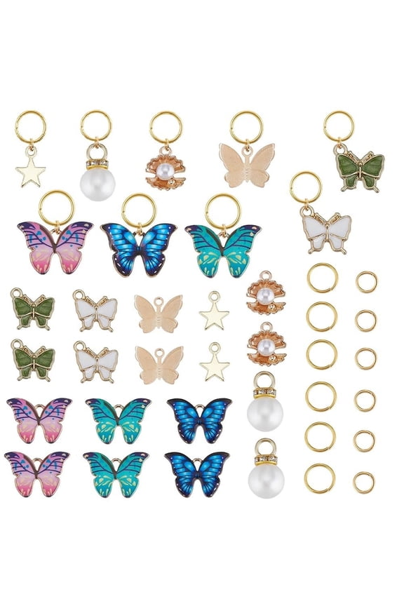1 Box 116Pcs Braid Rings Butterfly Hair Charms Hair Rings Butterfly Hair Clip Braid Charms Metal Butterfly Clip Pearl Braid Clips for Women Colorful